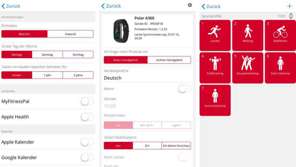 Polar App A360 Einstellungen
