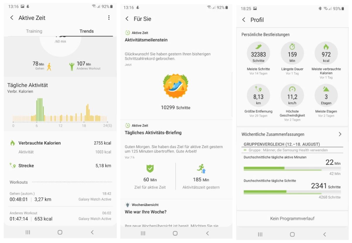 Samsung Galaxy Watch Active Auswertung App Aktivität Smartwatch Test