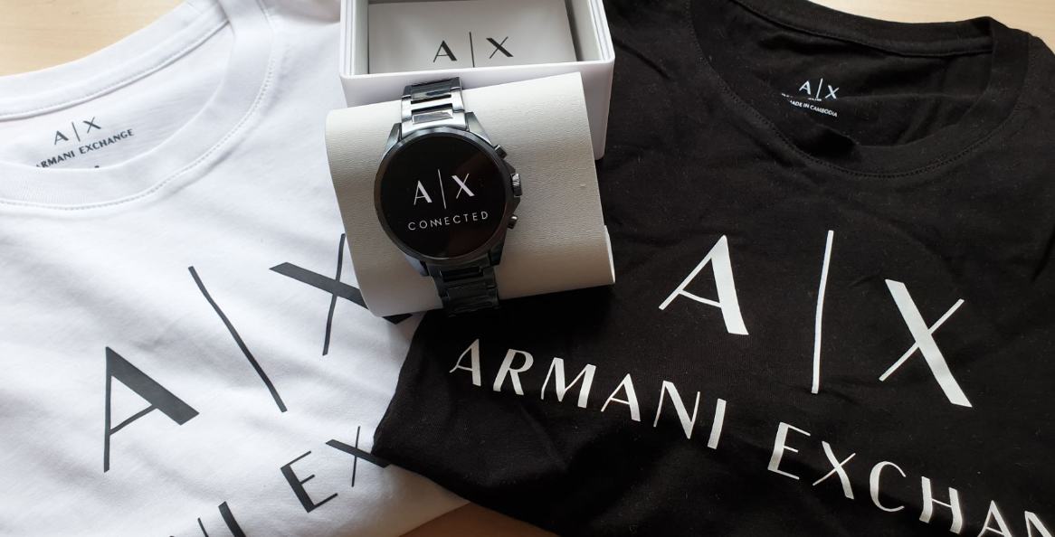 armani exchange connected touchscreen smartwatch test mit verpackung und shirts